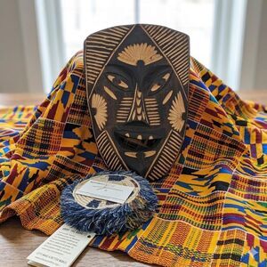 Hand-Carved African Wooden Mask & Rwandan Woven Sisal Coasters, 3 Pieces